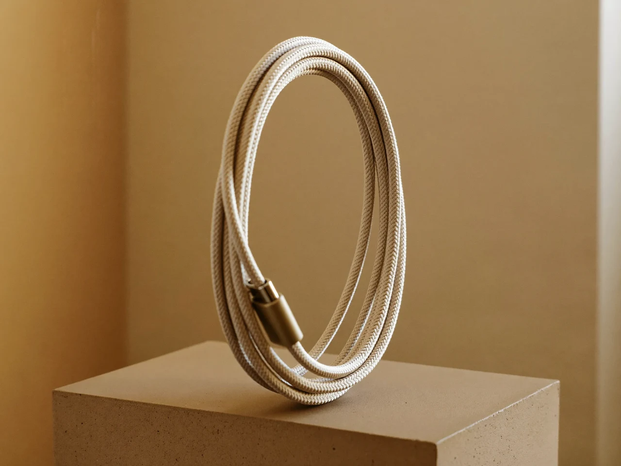 Ein geflochtenes Kabel, ordentlich aufgerollt auf einem tonfarbenen Sockel im Fensterlicht