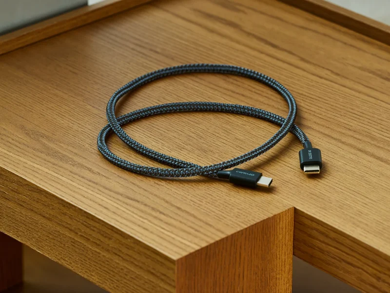 Geflochtenes USB-C-Kabel locker gespult auf mattem Eichenholz bei weichem Tageslicht