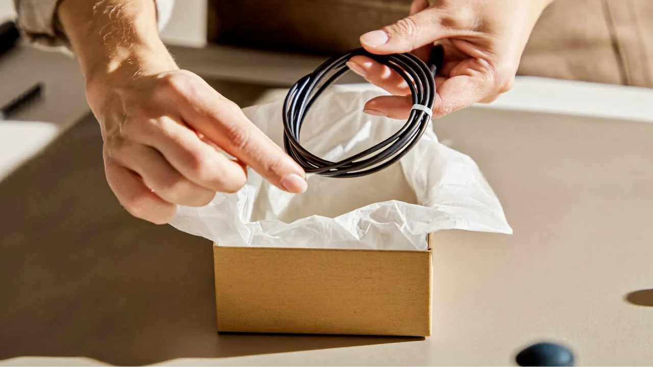 Hände wickeln ein Kabel auf und legen es in eine schlichte Kraftpapierbox